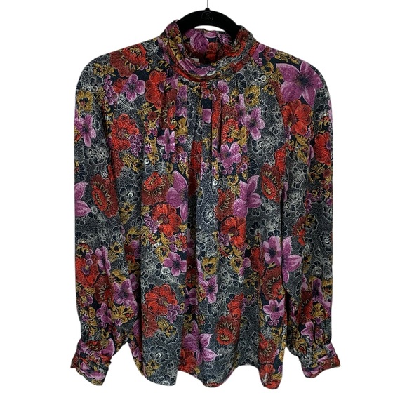 Women's Vintage Tess Dark Floral Long Sleeve High Neck Blouse Size 14 Pleated - Picture 1 of 6